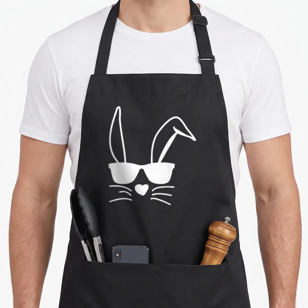 Easter hip apron - Minimalist white bunny face with sunglasses, heart nose, and whiskers — shown on a black cotton canvas apron against a white background