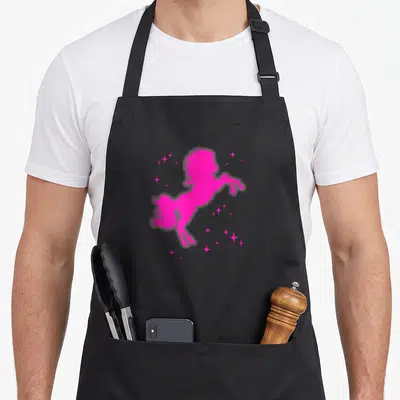 Pony cowgirl aprons - Rearing pink horse silhouette surrounded by scattered pink stars in cartoon style — shown on a black cotton canvas apron against a white background