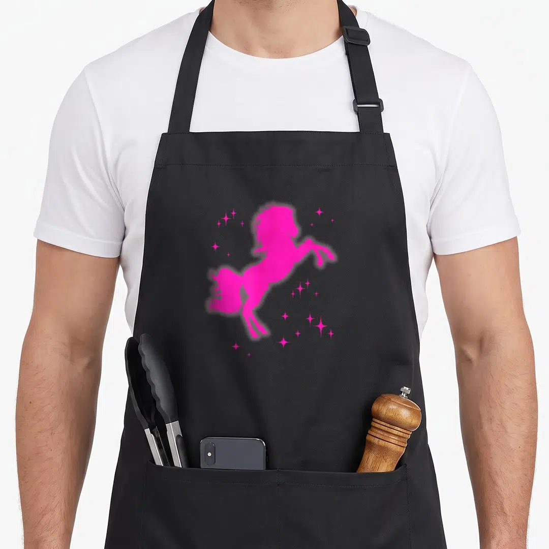 Pony cowgirl aprons - Rearing pink horse silhouette surrounded by scattered pink stars in cartoon style — shown on a black cotton canvas apron against a white background