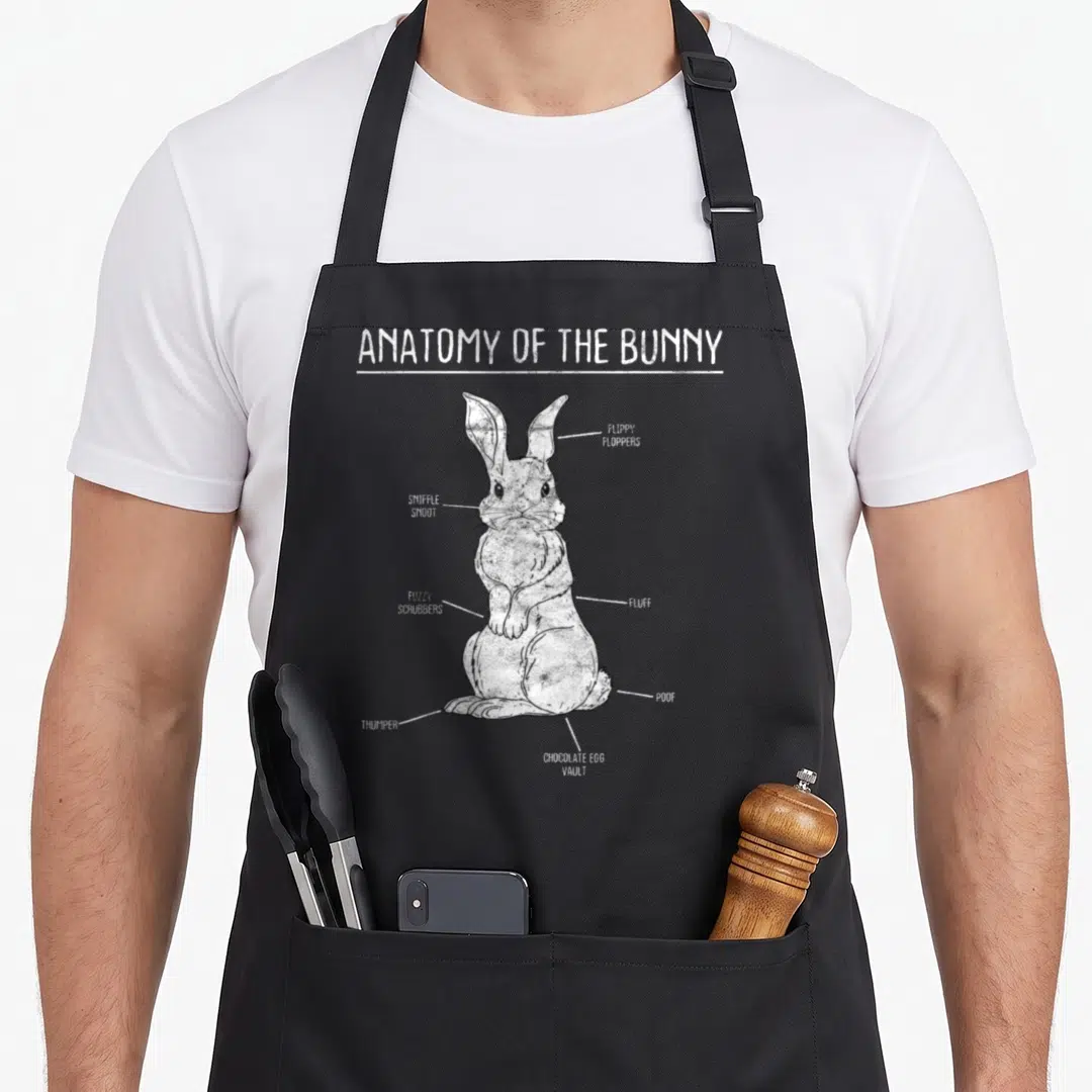 Anatomy rabbit apron - White bunny line art labeled with funny parts like flippy floppers and chocolate egg vault — shown on a black cotton canvas apron against a white background