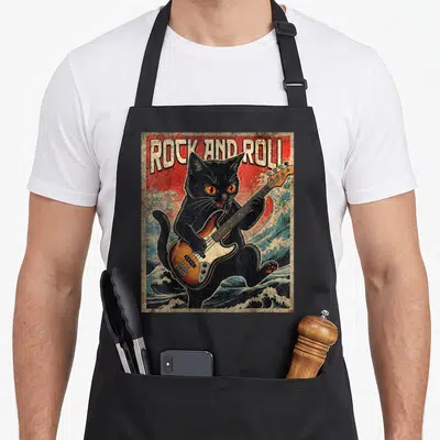 Playing bass cat apron - Black cat playing bass guitar over ocean waves with ROCK AND ROLL text in retro style — shown on a black cotton canvas apron against a white background