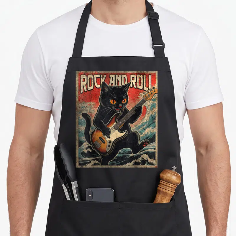 Playing bass cat apron - Black cat playing bass guitar over ocean waves with ROCK AND ROLL text in retro style — shown on a black cotton canvas apron against a white background