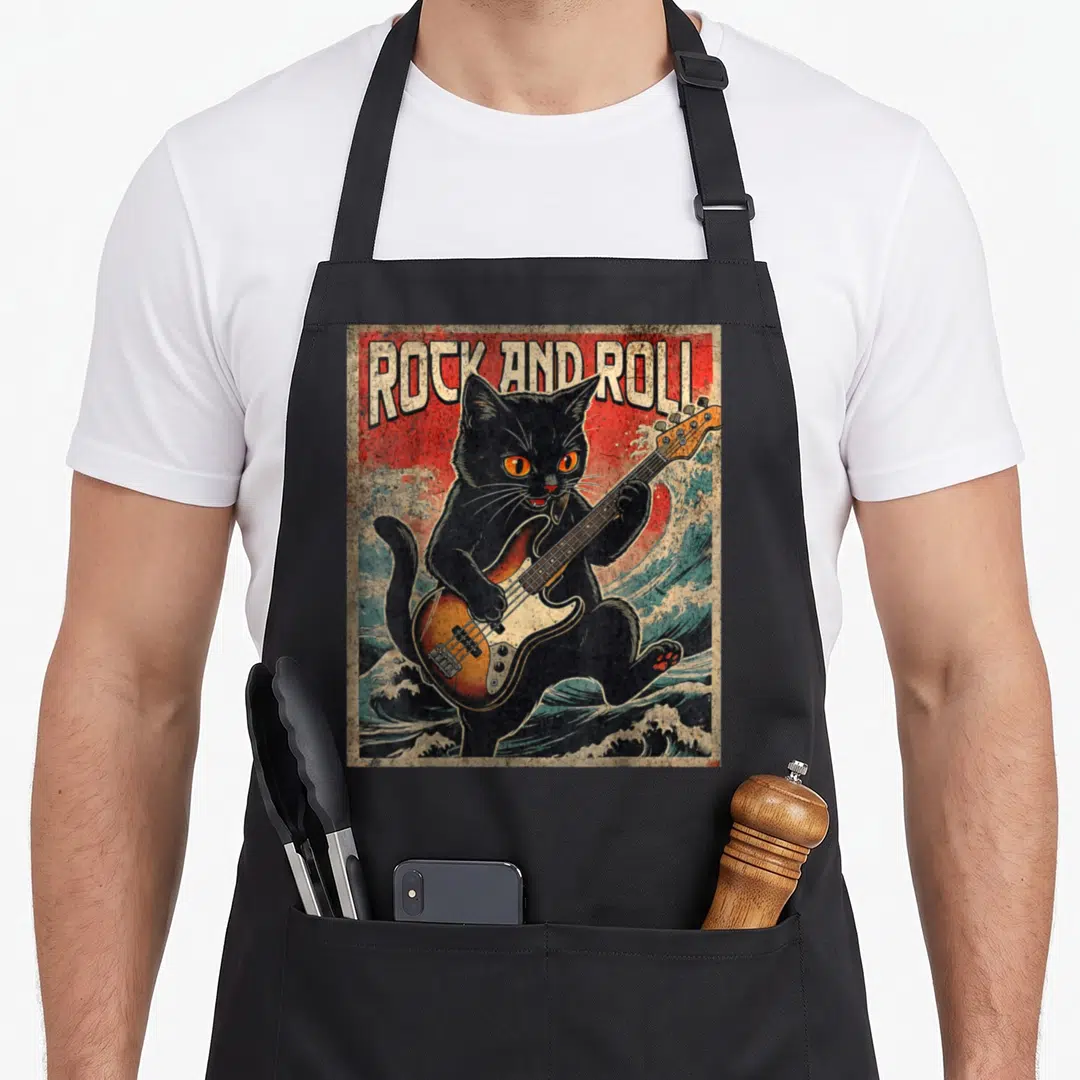 Playing bass cat apron - Black cat playing bass guitar over ocean waves with ROCK AND ROLL text in retro style — shown on a black cotton canvas apron against a white background