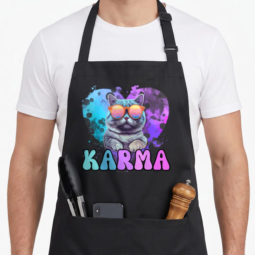 Shape cat apron - Cartoon cat in sunglasses over watercolor heart with KARMA text in gradient colors — shown on a black cotton canvas apron against a white background