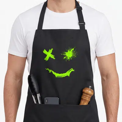 Smile grunge apron - Lime green cross and paint splatter forming a cartoon smiley face on black fabric — shown on a black cotton canvas apron against a white background