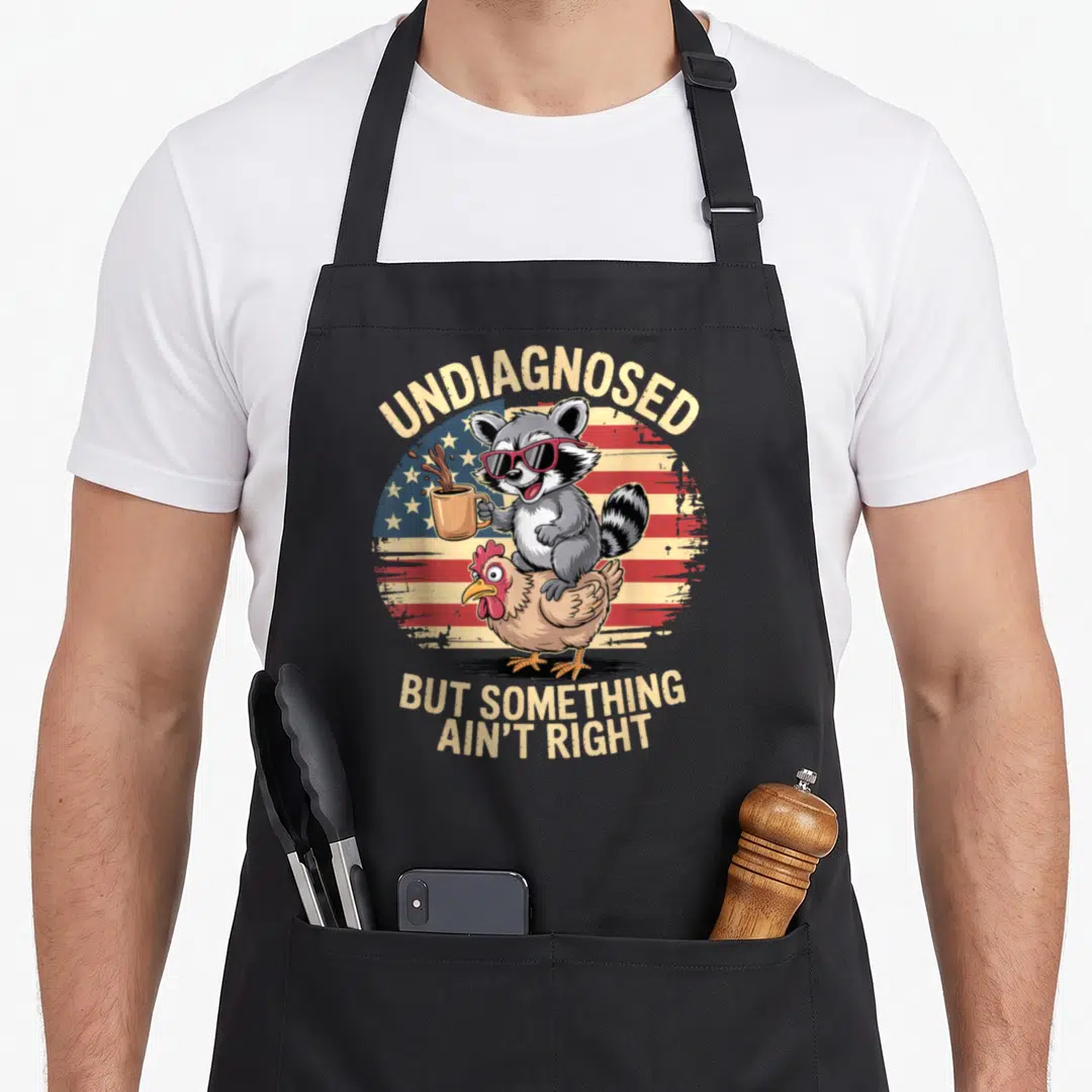 Undiagnosed neurodivergent apron - Raccoon in red sunglasses holding mug on chicken with arched text over circular flag — shown on a black cotton canvas apron against a white background