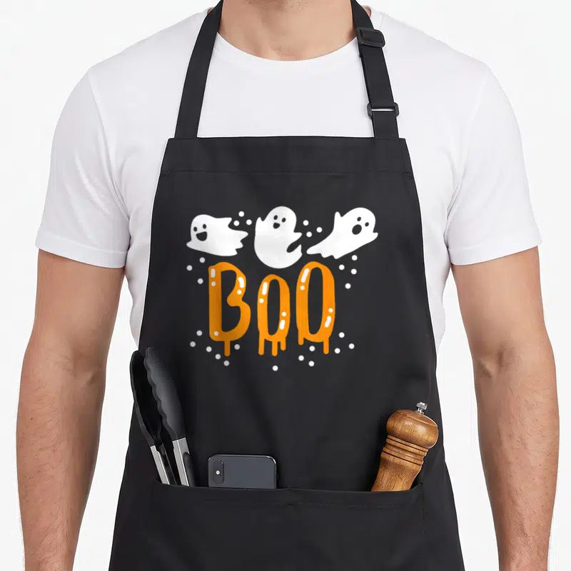 Retro ghost halloween apron - Three white cartoon ghosts above dripping orange BOO text surrounded by white dots — shown on a black cotton canvas apron against a white background
