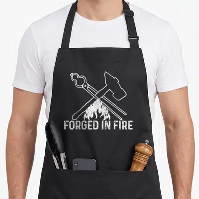 Forged blacksmith apron - White crossed hammer and tongs over flame with FORGED IN FIRE text — shown on a black cotton canvas apron against a white background