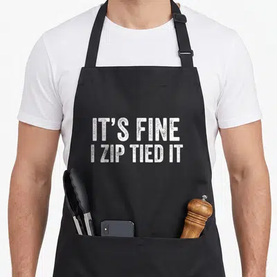 Fine mechanic apron - White distressed text reading IT'S FINE I ZIP TIED IT in two stacked lines — shown on a black cotton canvas apron against a white background