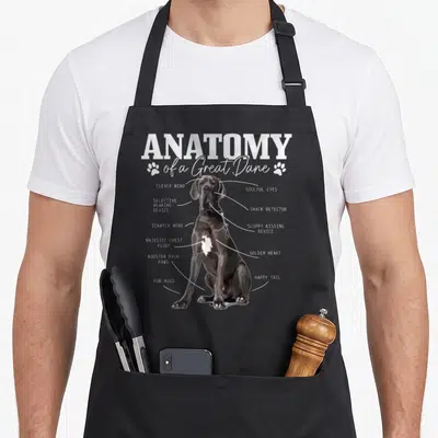 Anatomy dane dog apron - Diagram of a Great Dane with labels for snack detector and booster back paws for hugs — shown on a black cotton canvas apron against a white background