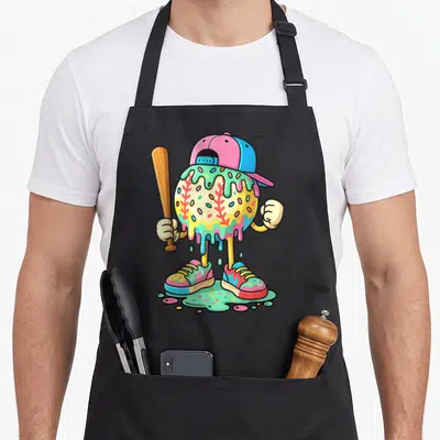 Sport drip apron - Cartoon baseball with mint glaze, cap, sneakers, and bat — shown on a black cotton canvas apron against a white background