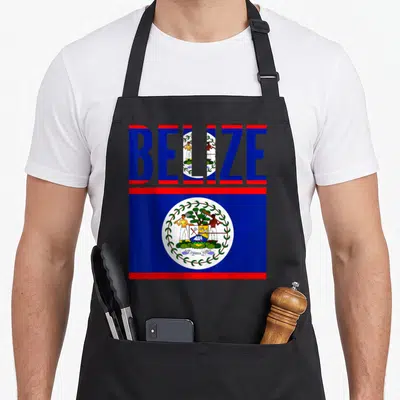 Belize country apron - BELIZE text filled with flag colors above full flag print with coat of arms — shown on a black cotton canvas apron against a white background