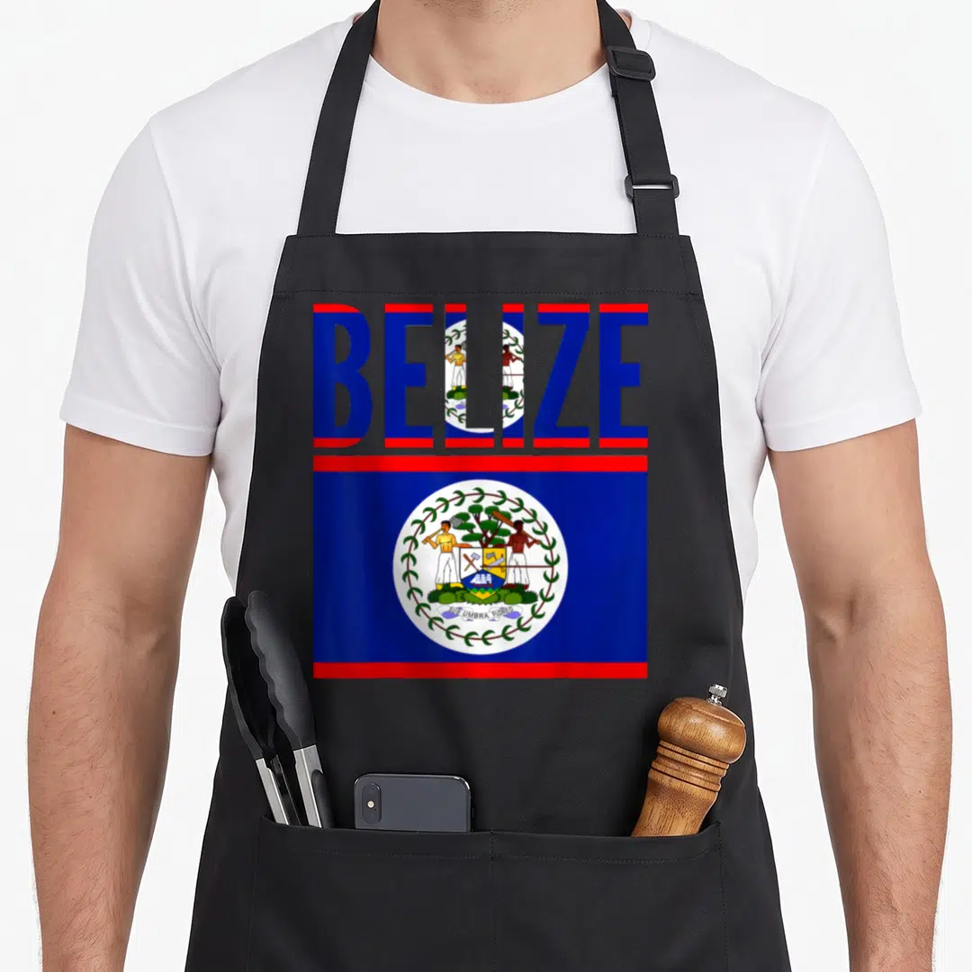 Belize country apron - BELIZE text filled with flag colors above full flag print with coat of arms — shown on a black cotton canvas apron against a white background