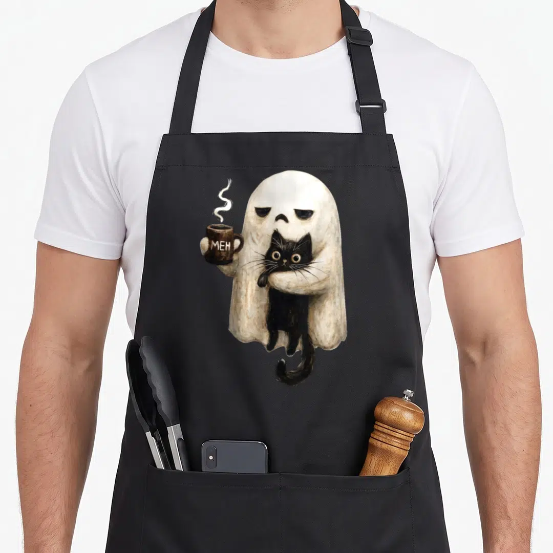 Boojee cat holding apron - White ghost holding black cat and brown mug with meh text in watercolor style — shown on a black cotton canvas apron against a white background