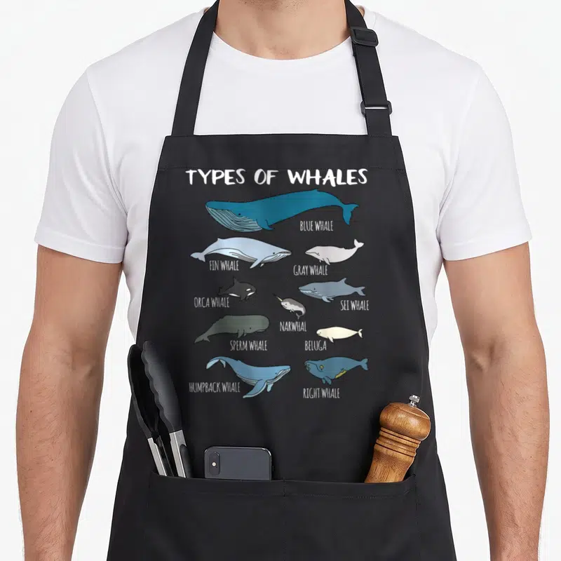 Ocean whale apron - Cartoon chart of Blue, Fin, Orca, Narwhal, and other whale species with labels in white text on gray — shown on a black cotton canvas apron against a white background