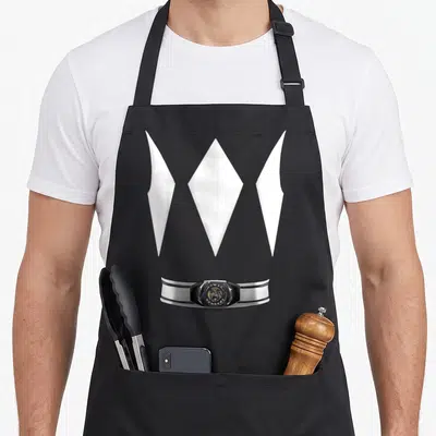 Cute hobby halloween apron - Three white diamonds above silver belt with black buckle and yellow tiger face — shown on a black cotton canvas apron against a white background