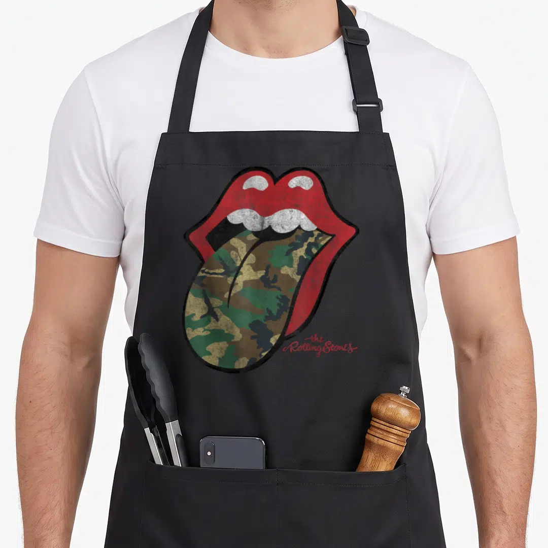 Camo rolling stones apron - Distressed red lips with camo tongue and the Rolling Stones text — shown on a black cotton canvas apron against a white background