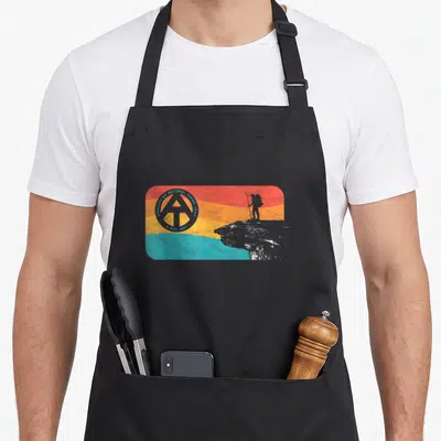 Appalachian trailer girl apron - Retro hiker silhouette on red orange yellow blue stripes with Appalachian National — shown on a black cotton canvas apron against a white background