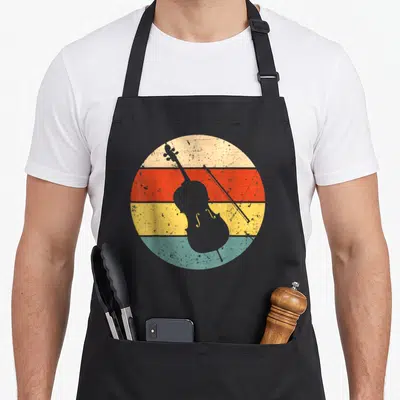 Cellist music cello apron - Grey violin silhouette over four colored stripes in cream orange yellow and teal — shown on a black cotton canvas apron against a white background