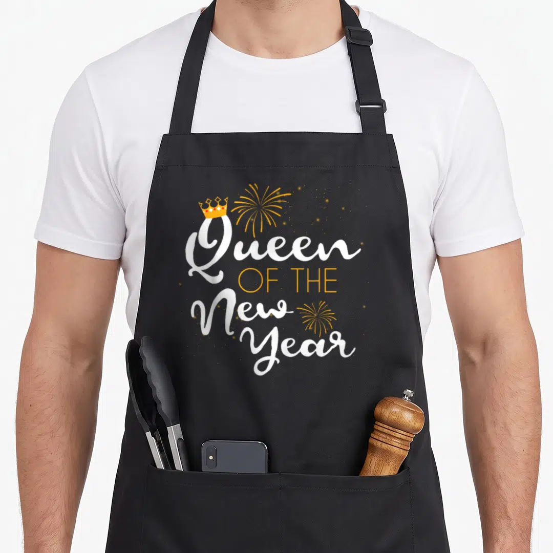 Eve queen apron - Stacked white and yellow text reading Queen OF THE New Year with a crown on the Q and scattered — shown on a black cotton canvas apron against a white background