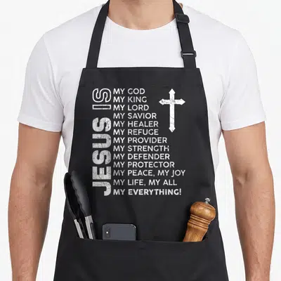 Cool jesus christian apron - Vertical JESUS text, stacked divine titles, and distressed white cross — shown on a black cotton canvas apron against a white background