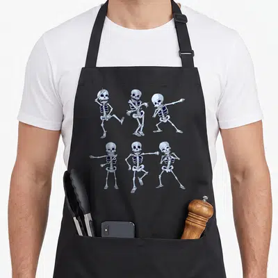 Dancing skeleton apron - Six light blue and white cartoon skeletons in various dance poses on a black background — shown on a black cotton canvas apron against a white background