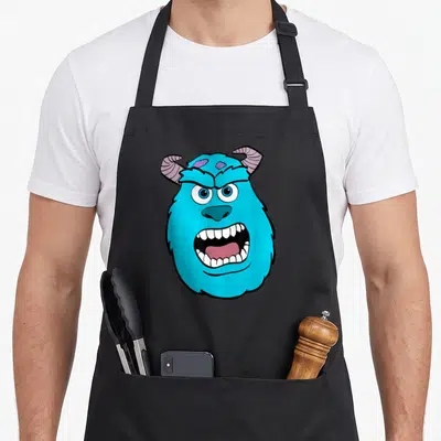 Sulley costume face apron - Large blue monster head with purple horns and open mouth on black background — shown on a black cotton canvas apron against a white background