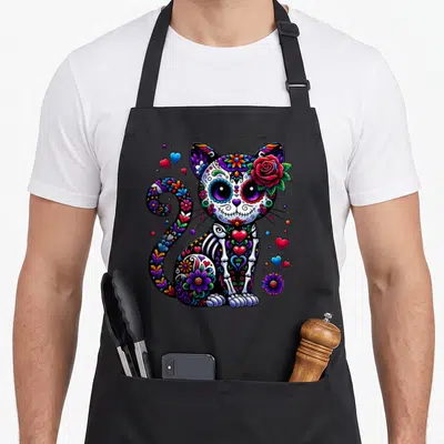 Dia sugar skull apron - Cartoon sugar skull cat with rose, hearts, and flowers in purple blue red yellow black — shown on a black cotton canvas apron against a white background