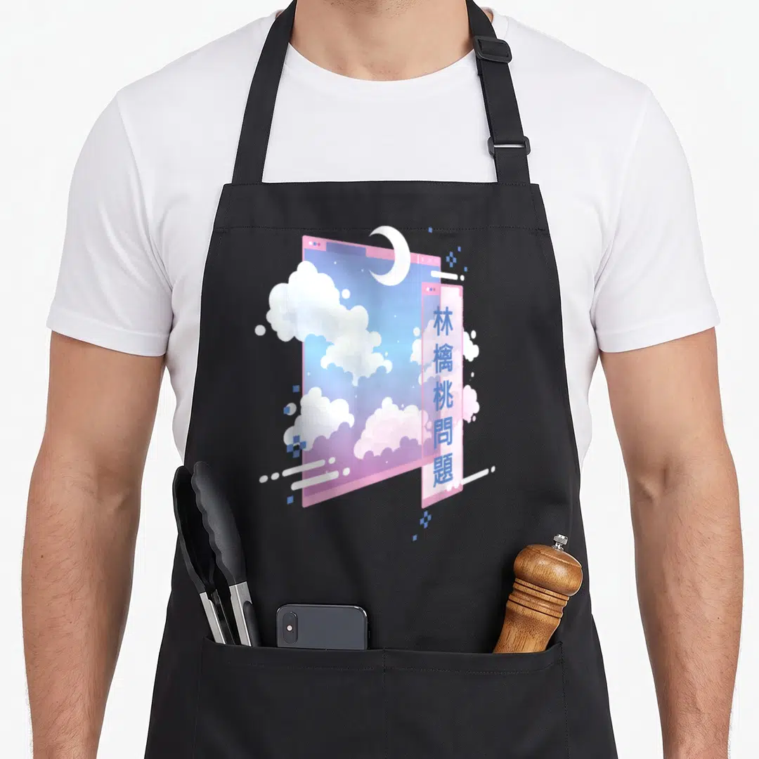 80s goth apron - Two overlapping digital windows with clouds, moon, and vertical blue text in pink and blue — shown on a black cotton canvas apron against a white background