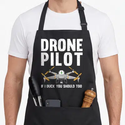 Pilot operator drones apron - Cartoon drone with stacked DRONE PILOT text and bottom warning phrase in white and orange — shown on a black cotton canvas apron against a white background