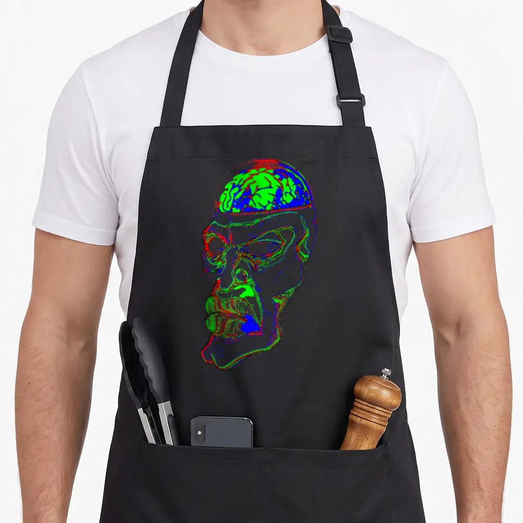 Insane pickled apron - Pixel art grey head with exposed green and blue brain on red outline — shown on a black cotton canvas apron against a white background