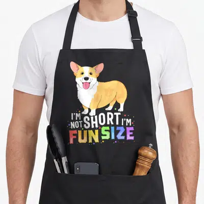 Funny dog corgi apron - Cartoon corgi with I'm Not Short I'm Fun Size text and colorful dots — shown on a black cotton canvas apron against a white background