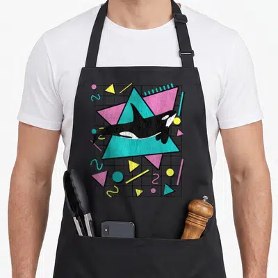Orca 90s apron - Retro orca over teal and pink triangles on a black grid with scattered yellow shapes — shown on a black cotton canvas apron against a white background