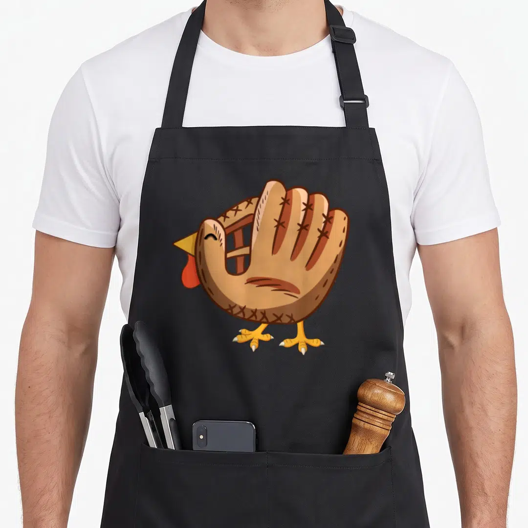 Glove funny turkey apron - Cartoon turkey with a brown baseball glove body, orange legs, and red wattle standing upright — shown on a black cotton canvas apron against a white background