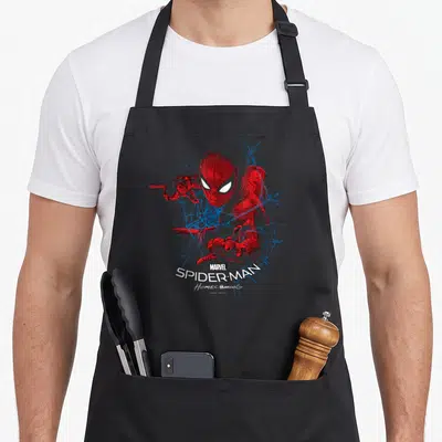 Homecoming web3 apron - Realistic Spider-Man in red and blue surrounded by web lines with stacked MARVEL SPIDER-MAN — shown on a black cotton canvas apron against a white background