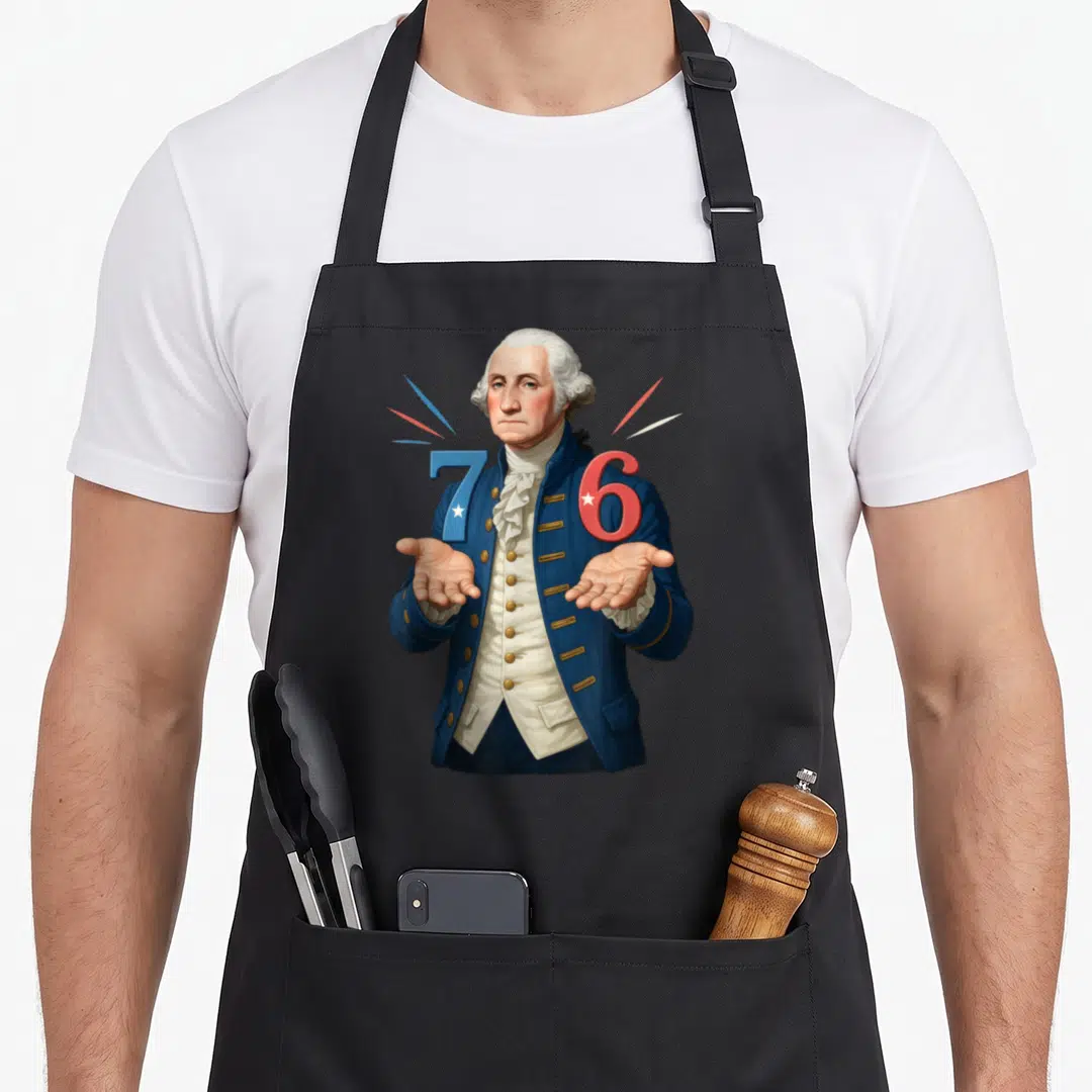 George teacher apron - George Washington portrait with 76 numbers and red white blue rays — shown on a black cotton canvas apron against a white background