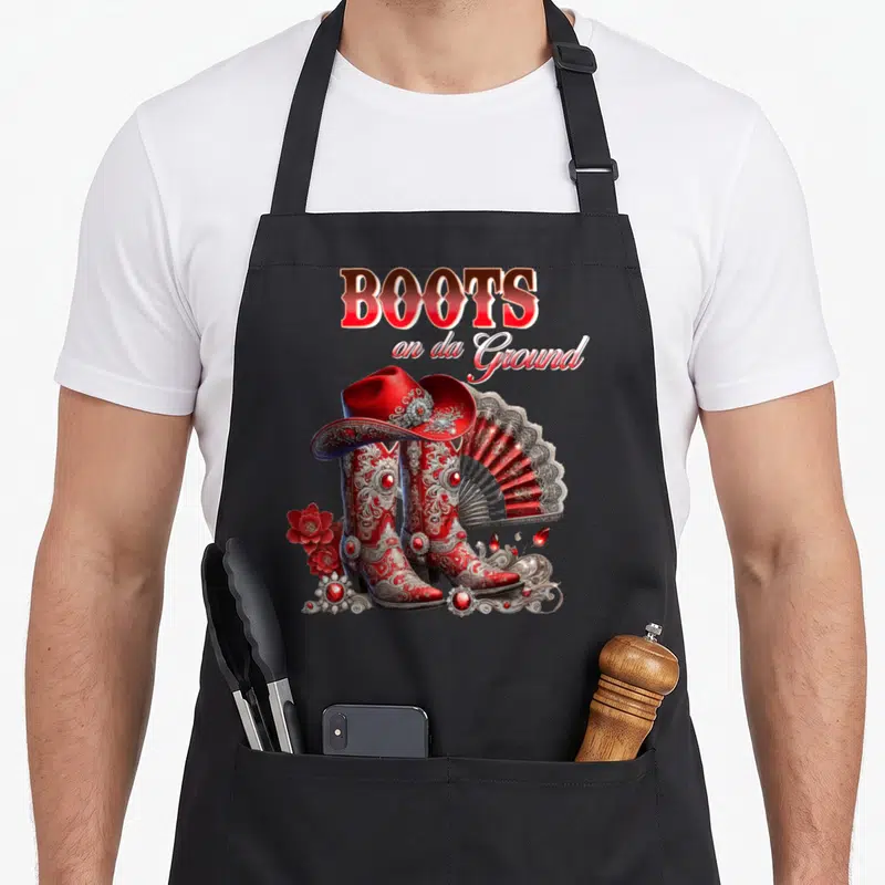 Linedance western apron - Red boots cowboy hat fan flowers jewels BOOTS on da Ground text — shown on a black cotton canvas apron against a white background