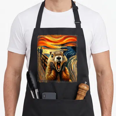 Scream artistic apron - Shocked brown groundhog in swirling orange and blue sky with two figures on railing — shown on a black cotton canvas apron against a white background