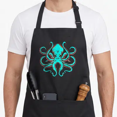 Octopus animal print apron - Cartoon octopus in turquoise and red with symmetrical tentacles spread around a central — shown on a black cotton canvas apron against a white background