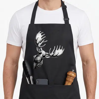 Sunglass moose apron - Realistic black and white moose head wearing sunglasses with stippled antlers — shown on a black cotton canvas apron against a white background