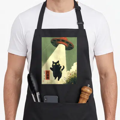 Abduction cat apron - Black cat in UFO beam, red character box, grass, vintage cartoon style — shown on a black cotton canvas apron against a white background