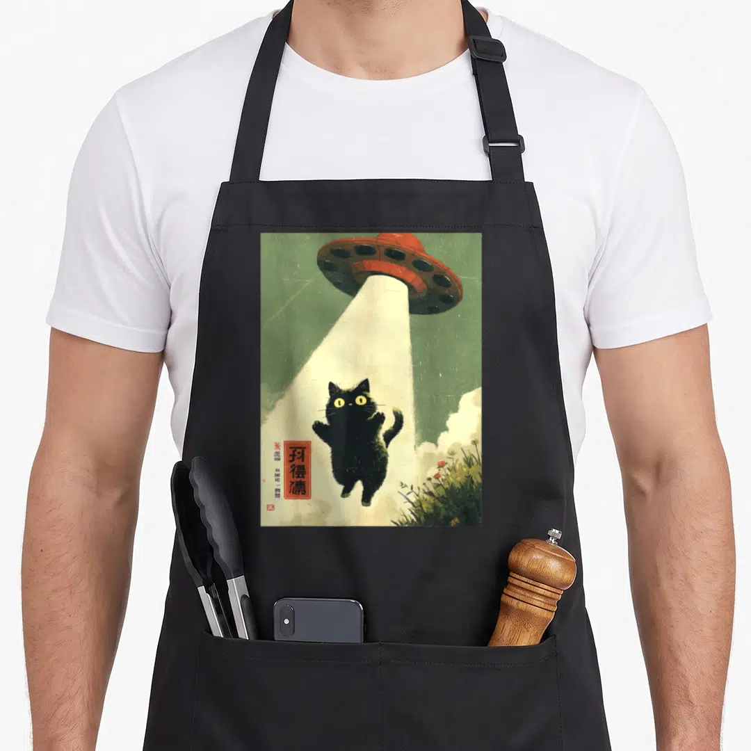 Abduction cat apron - Black cat in UFO beam, red character box, grass, vintage cartoon style — shown on a black cotton canvas apron against a white background