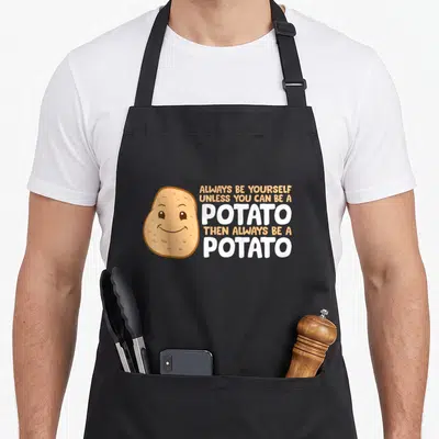 Yourself potato apron - Cartoon potato next to five lines of text reading ALWAYS BE YOURSELF UNLESS YOU CAN BE A POTATO — shown on a black cotton canvas apron against a white background