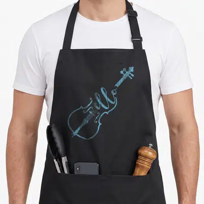 Cute cello apron - Light blue script text spelling hello arranged to form a guitar body and neck — shown on a black cotton canvas apron against a white background