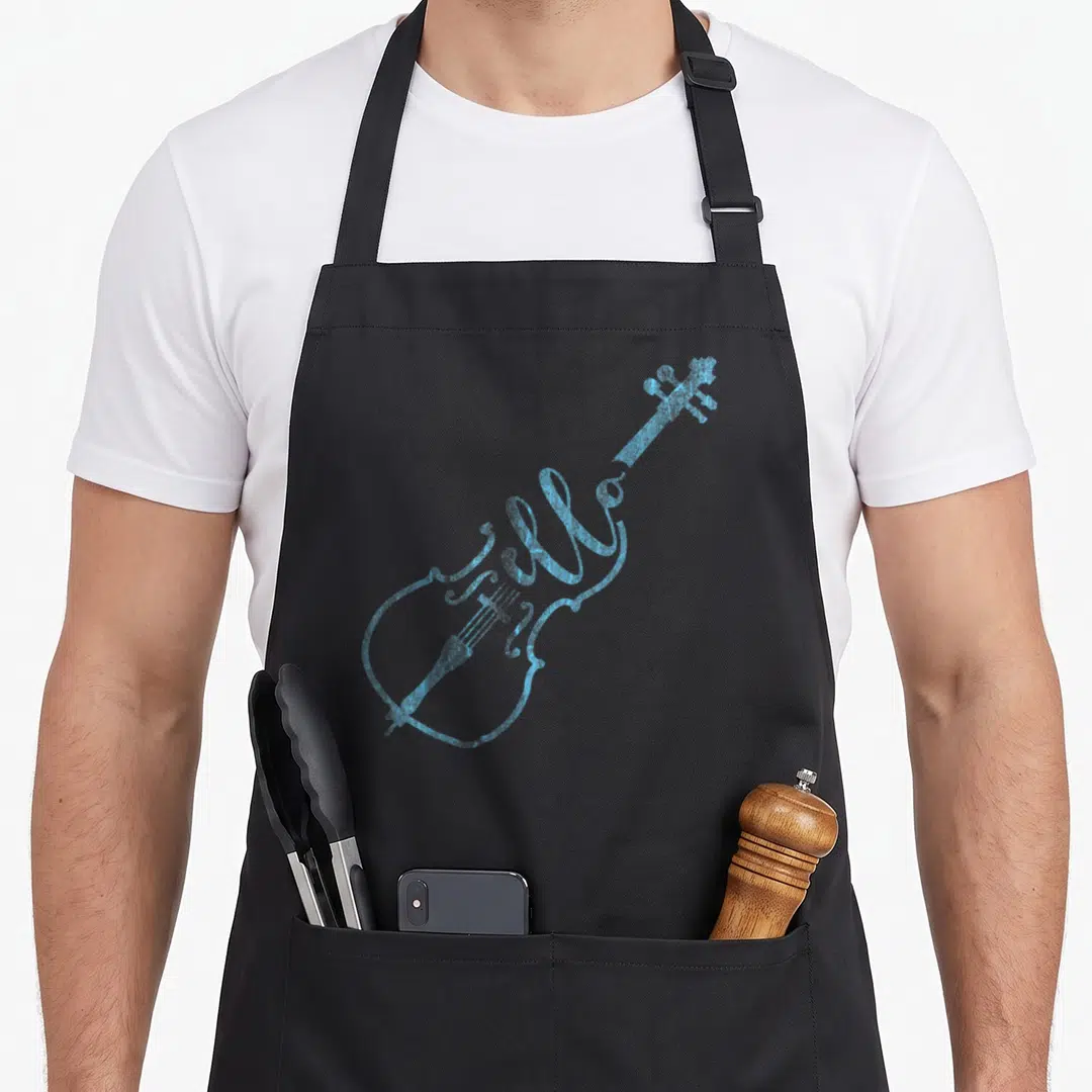 Cute cello apron - Light blue script text spelling hello arranged to form a guitar body and neck — shown on a black cotton canvas apron against a white background