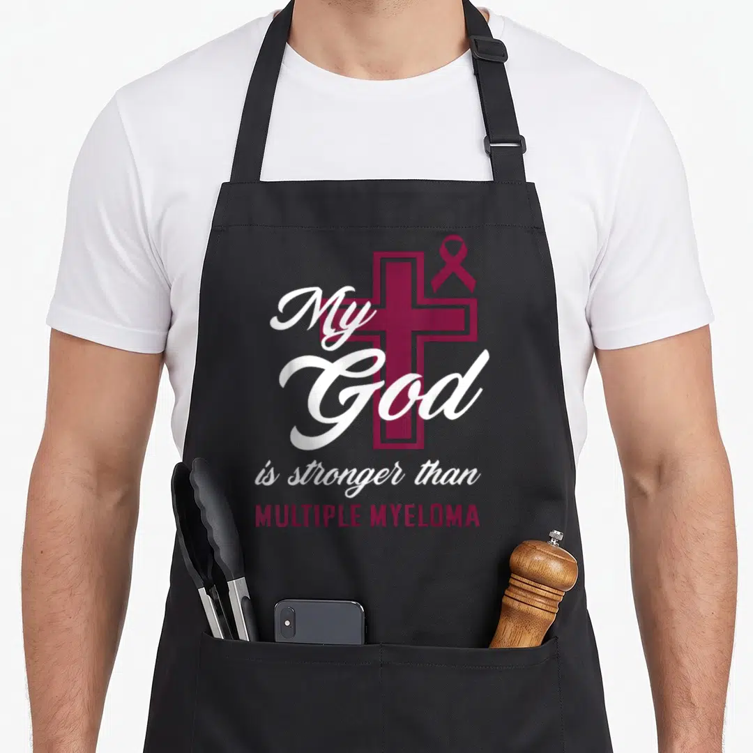God myeloma awareness apron - Maroon cross with My God is stronger than text and burgundy ribbon — shown on a black cotton canvas apron against a white background