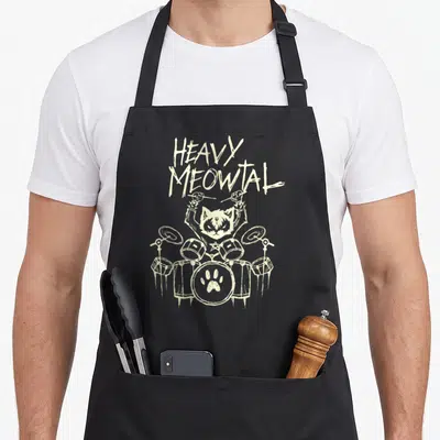 Death heavy apron - Cream distressed cat playing drums with HEAVY MEOWTAL text and paw print on bass drum — shown on a black cotton canvas apron against a white background