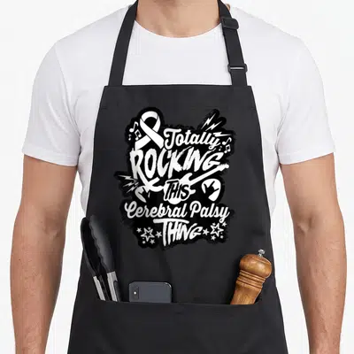 Rocking cerebral palsy awareness apron - Totally Rocking This Cerebral Palsy Thing text with electric guitar — shown on a black cotton canvas apron against a white background