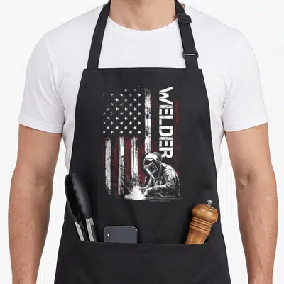 Welder welding american flag apron - Vertical WELDER text next to a distressed white and red USA flag with a welding — shown on a black cotton canvas apron against a white background