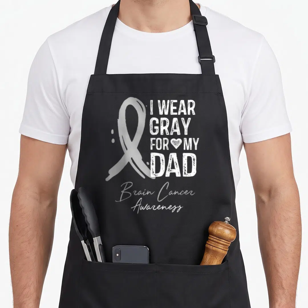 Brain concussion awareness apron - Gray ribbon with I WEAR GRAY FOR MY DAD and Brain Cancer Awareness text — shown on a black cotton canvas apron against a white background